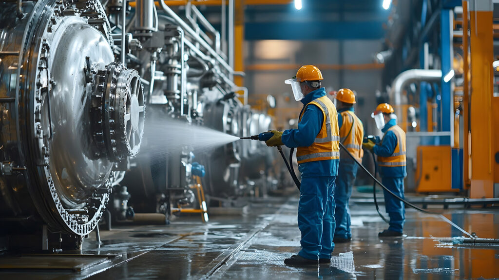 Workers using high-pressure water jets to clean industrial machinery in a factory.
