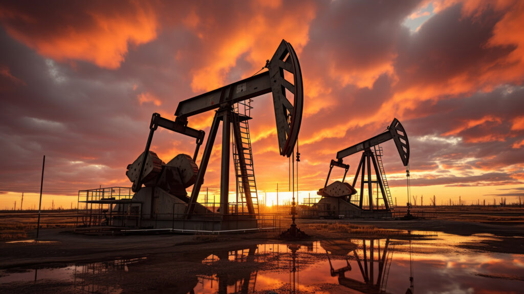Two oil pumps set against an orange sunset with reflections on a lightly flooded surface.