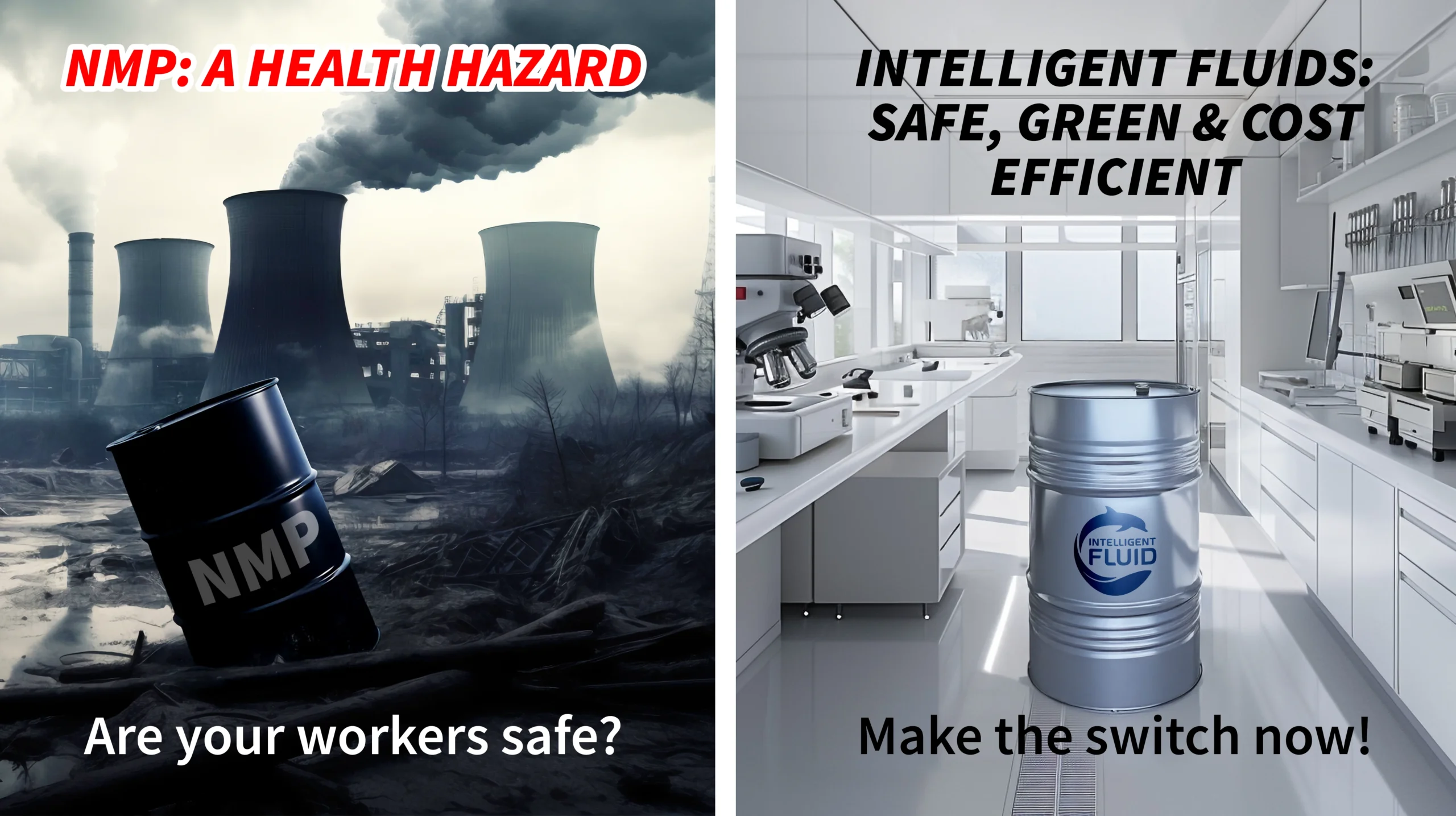 Comparison between harmful NMP chemicals and safe, green intelligent fluids® solutions in an industrial and laboratory setting